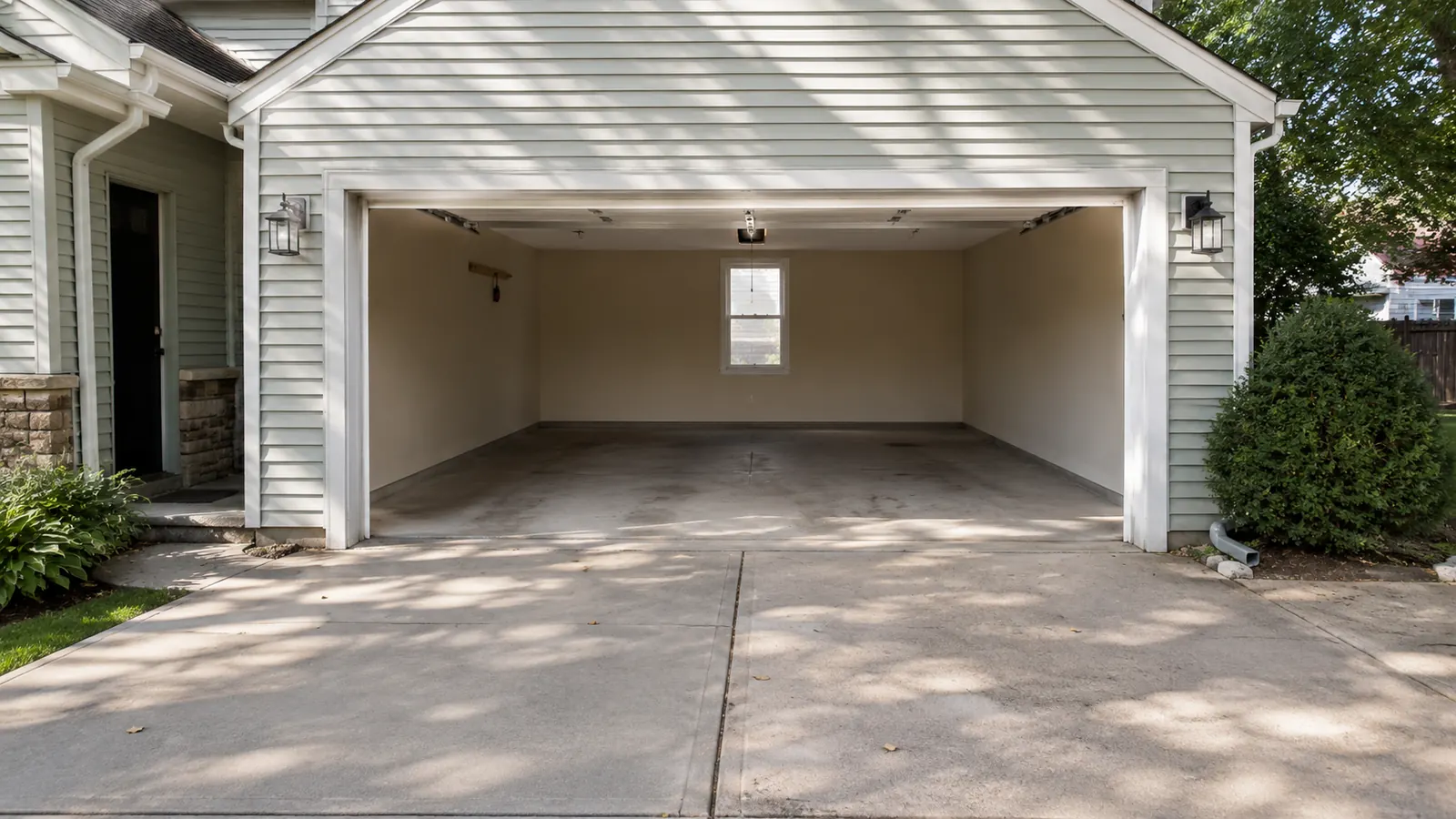 Empty, swept two car garage at a Bellevue home after a full cleanout by Midwest Removal