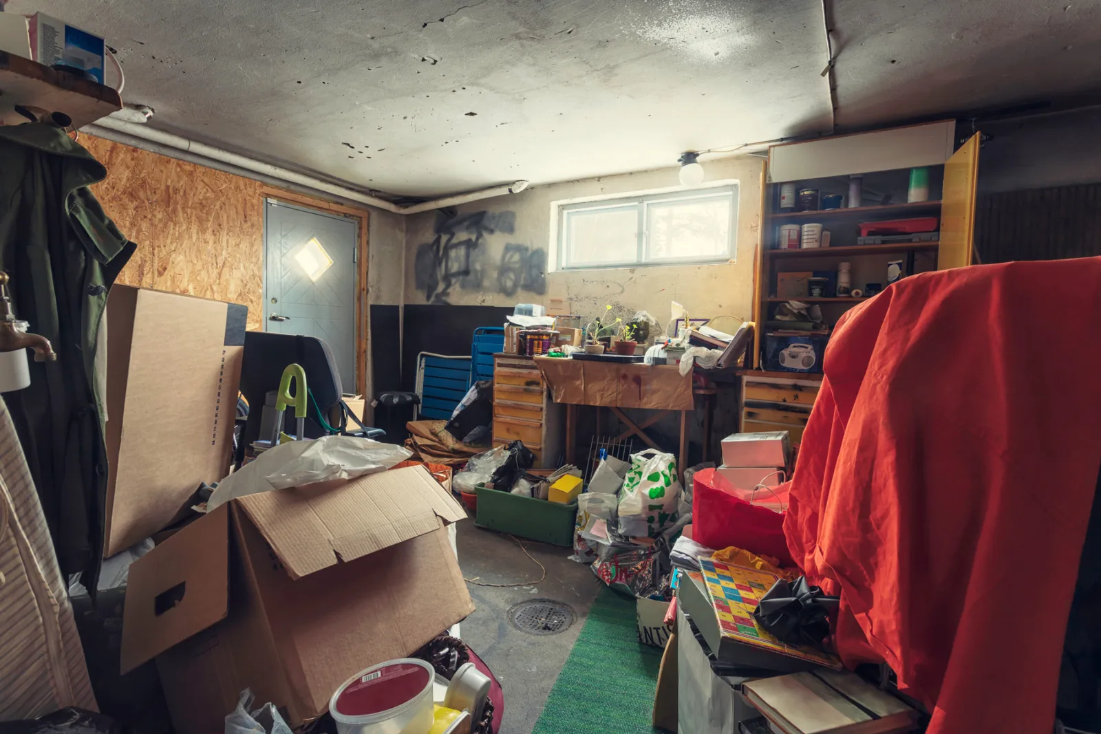 Cluttered basement full of boxes and household items before a hoarding cleanout in Omaha