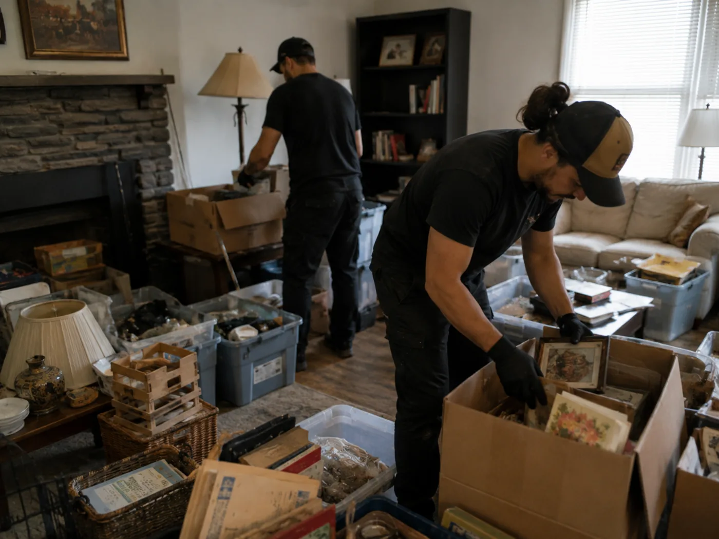 Sorting and boxing items during a cleanout, Omaha