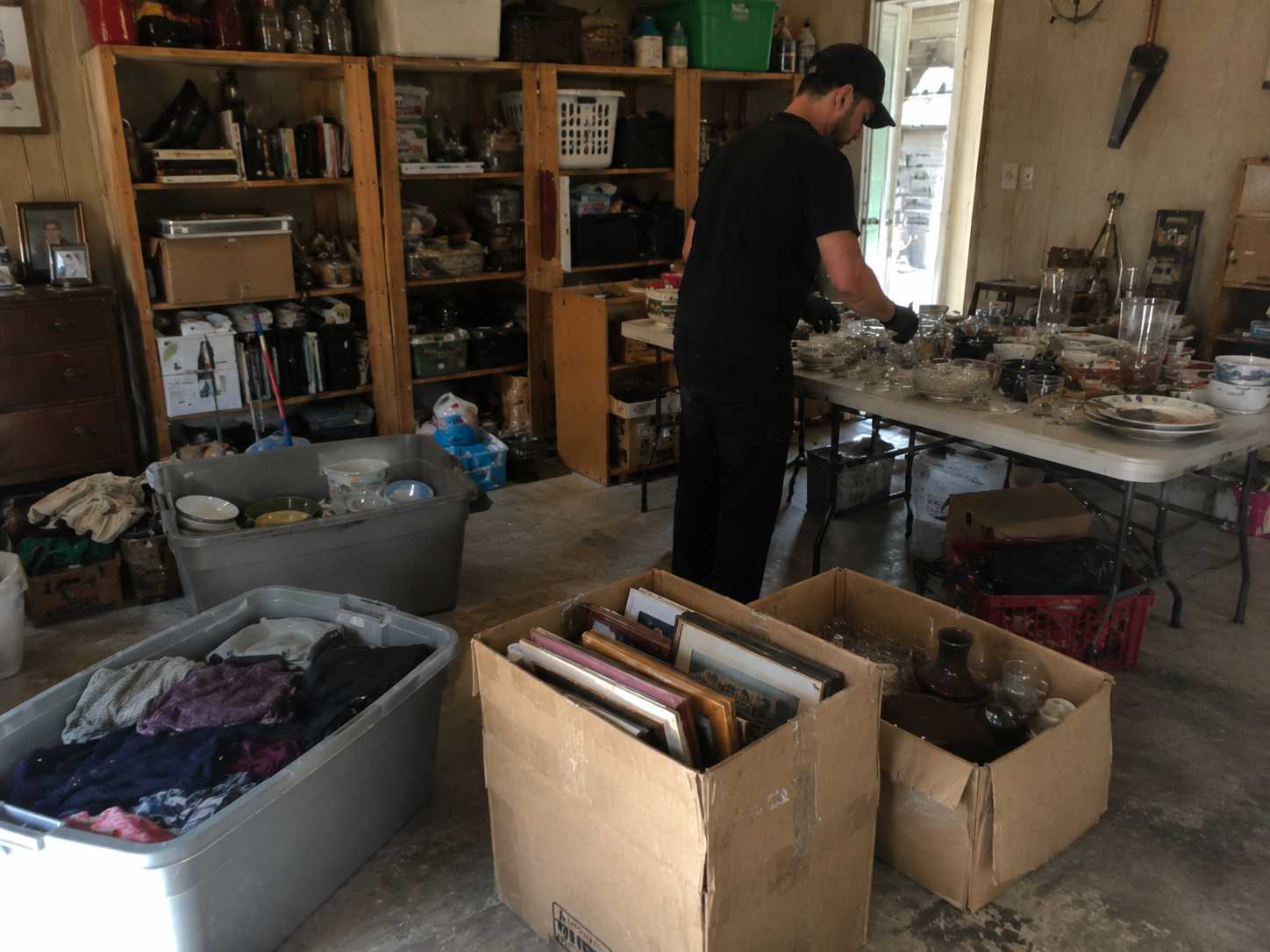 Sorting a hoarded home in Omaha into keep, donate, recycle, dispose, and review categories